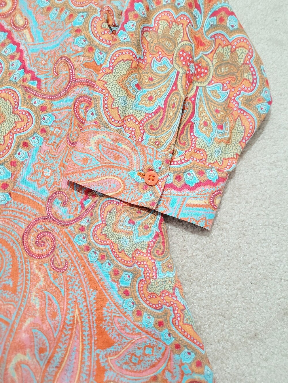 Chico's Size Small 100% Linen Paisley Button Front Shirt Coral Blue 3/4 Sleeve - Picture 12 of 13